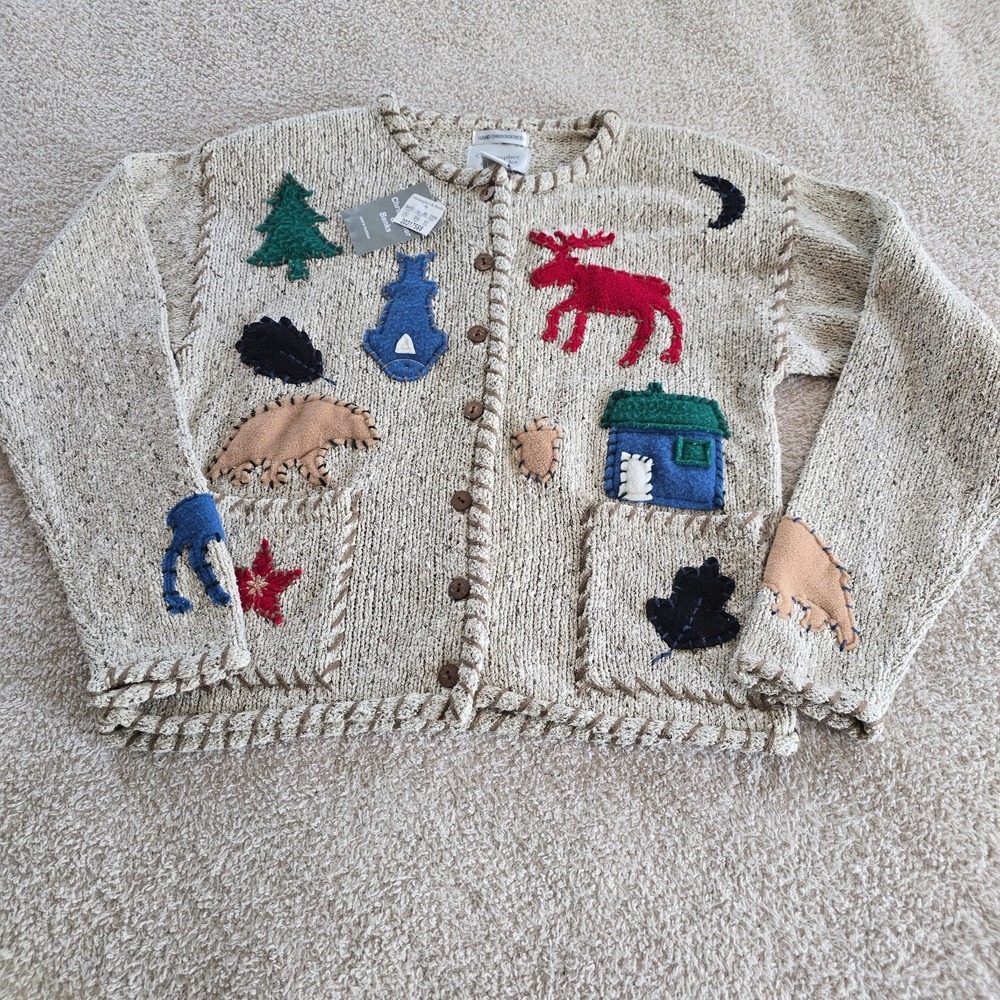 Vtg Christopher &Banks Hand Embroidered Cardigan Moose Bear Fish Woodland S NWT* - Picture 15 of 15